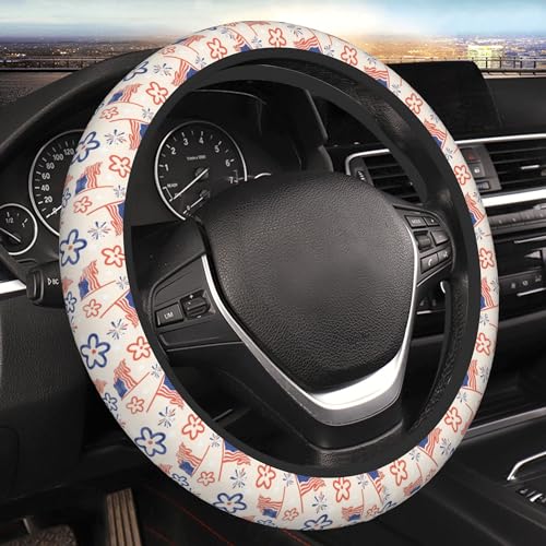 FJyuanqi American Flag Flower Floral Steering Wheel Cover Universal Car Interior Accessories for Women Men 15 Inch Anti Slip Breathable Odorless Neoprene Decor Car SUV Sedan Vans Truck Protector - Image 1