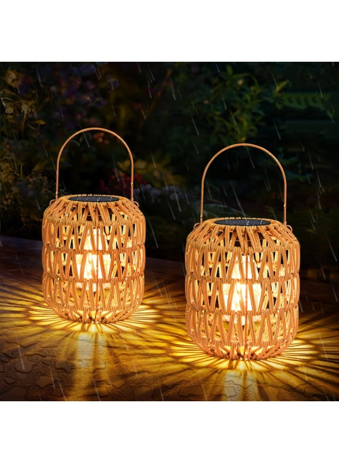 مصابيح ديكور شمسية، مجموعة من قطعتين فوانيس شمسية من الروطان، مصابيح LED معلقة خارجية، مقاومة للماء IP65، تشغيل وإيقاف تلقائي، مصابيح ديكور للحديقة والفناء والشرفة والممرات والأشجار والأسوار، هدية مميزة - Image 1