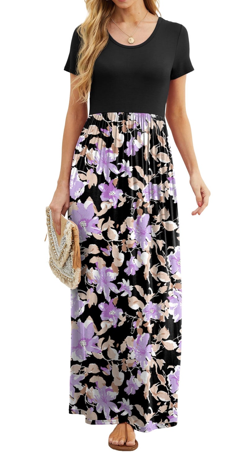 GRECERELLE Women Summer Crew Neck Casual Short Sleeve Long Maxi Dress with Pockets, Floral Black Purple, L - Image 5
