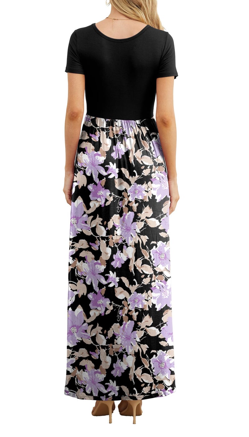 GRECERELLE Women Summer Crew Neck Casual Short Sleeve Long Maxi Dress with Pockets, Floral Black Purple, L - Image 4