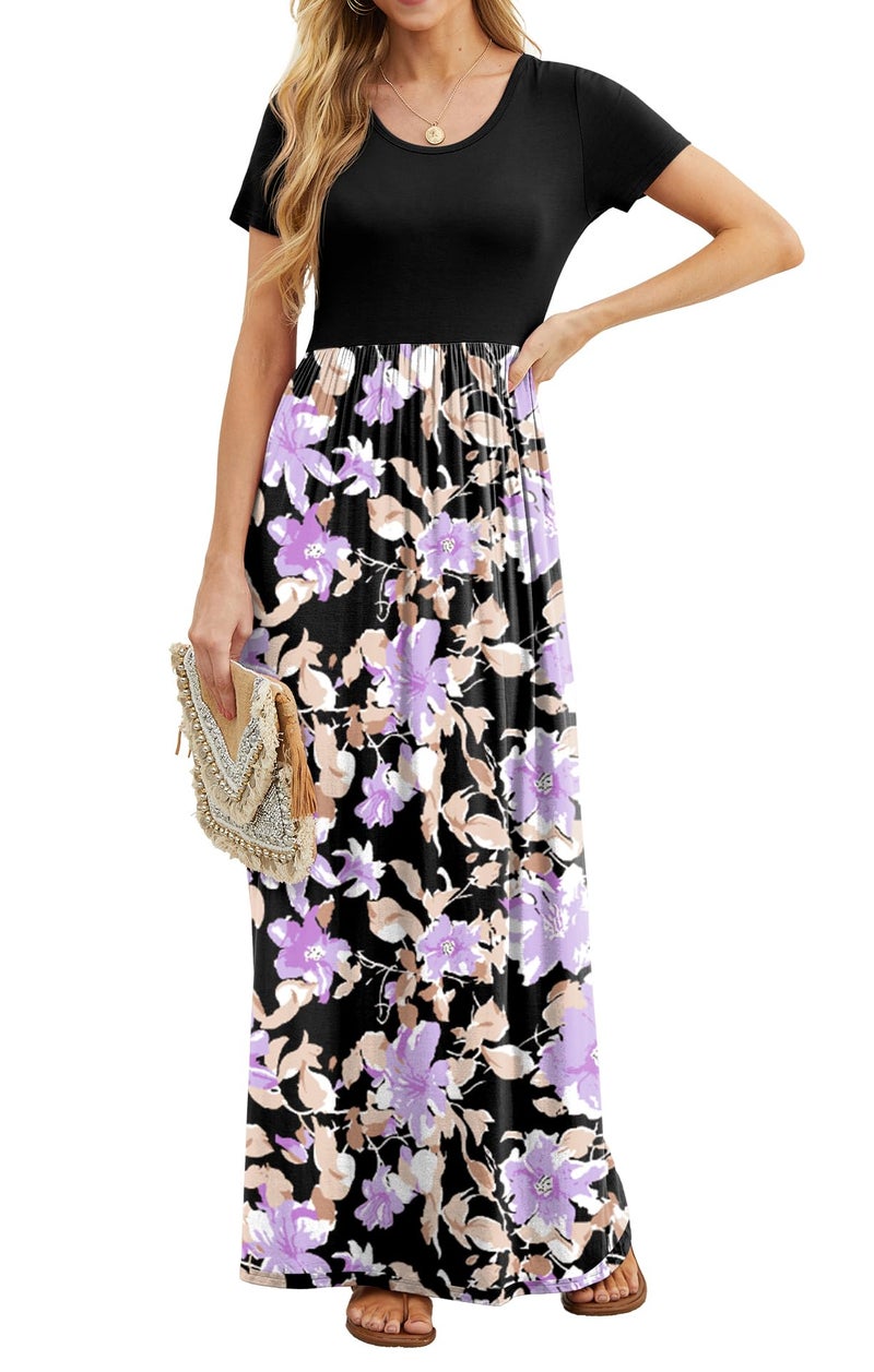 GRECERELLE Women Summer Crew Neck Casual Short Sleeve Long Maxi Dress with Pockets, Floral Black Purple, L - Image 2