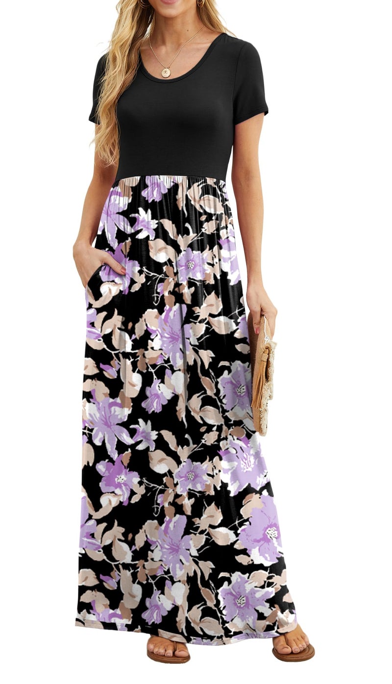 GRECERELLE Women Summer Crew Neck Casual Short Sleeve Long Maxi Dress with Pockets, Floral Black Purple, L - Image 1