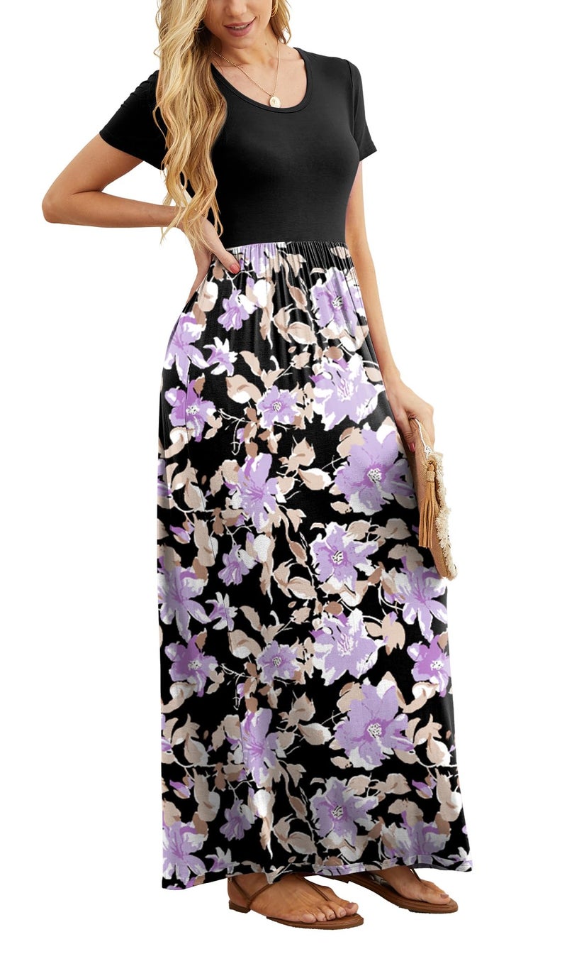 GRECERELLE Women Summer Crew Neck Casual Short Sleeve Long Maxi Dress with Pockets, Floral Black Purple, L - Image 3