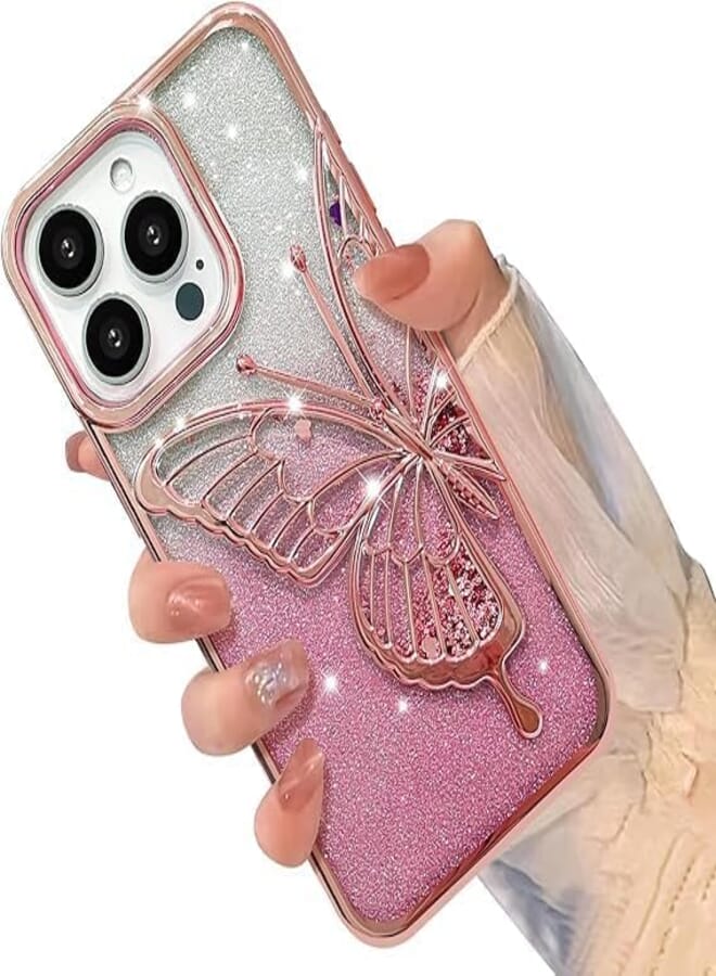Next Next Store Compatible with iPhone 13 Pro Max Case, TPU Glitter Butterfly Case, Full Body Protection, Scratch Resistant, Shockproof, Full Body Protection (Pink)