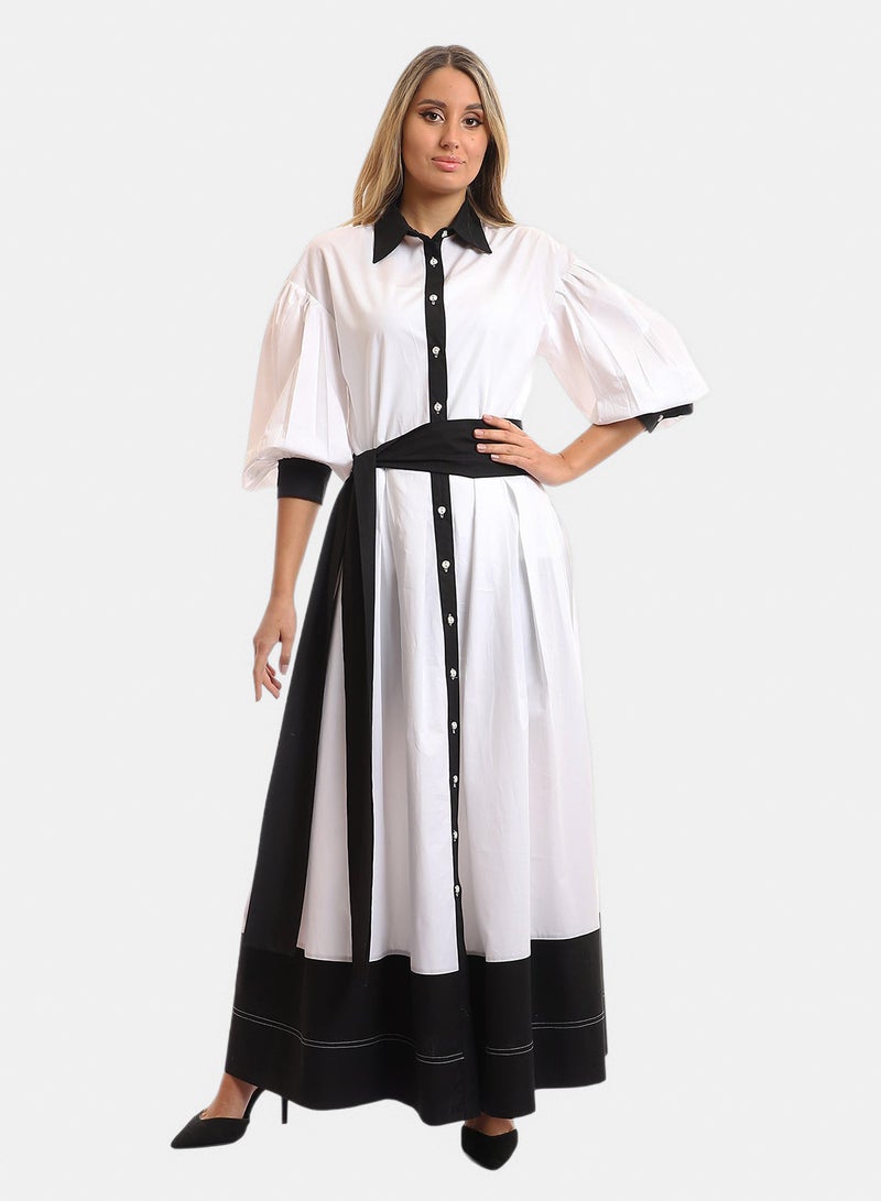 Fazzali Cotton Dress With Belt And Puffy Sleeves - Image 1