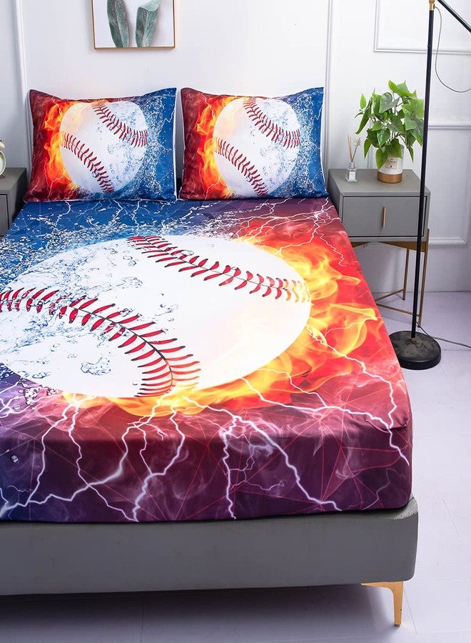 Roscloud Sports Baseballl Sheets Sets Full Size - 3PC Ice Flame Galaxy Baseball Boys Fitted Sheets（Fitted Sheet1 Pillowcases2） - Image 3