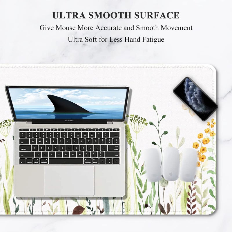 Auhoahsil Desk Pad, XXL Large Mouse Pad, Extended Gaming Mousepad, Cute Desk Mat for Women, Big Office Accessories Mouse Pad for Computer Keyboard and Laptop, 35.6" x 15.7", White Wildflower Butterfly - Image 3