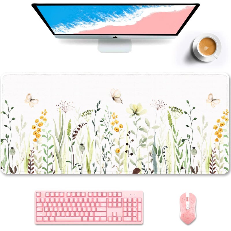 Auhoahsil Desk Pad, XXL Large Mouse Pad, Extended Gaming Mousepad, Cute Desk Mat for Women, Big Office Accessories Mouse Pad for Computer Keyboard and Laptop, 35.6" x 15.7", White Wildflower Butterfly - Image 1