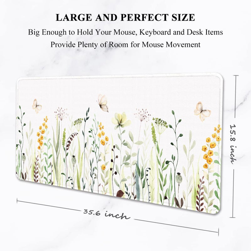 Auhoahsil Desk Pad, XXL Large Mouse Pad, Extended Gaming Mousepad, Cute Desk Mat for Women, Big Office Accessories Mouse Pad for Computer Keyboard and Laptop, 35.6" x 15.7", White Wildflower Butterfly - Image 2