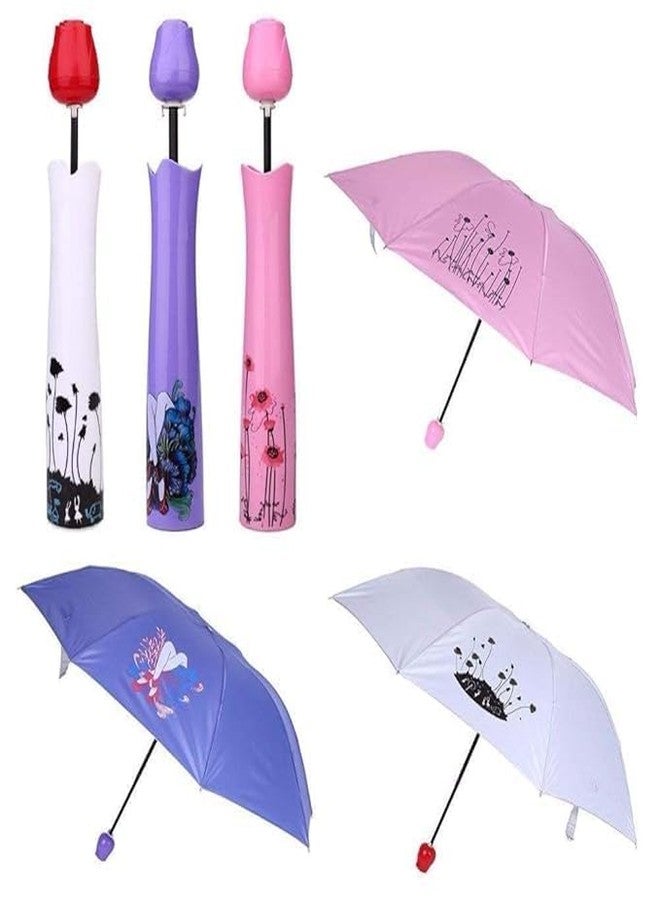Ncry Rose Flower Case Umbrella Lightweight Waterproof UV Protection Mini Compact Foldable Design Travel Umbrella with Waterproof and Compact Bottle for Monsoon and Summer-multi color - Image 1