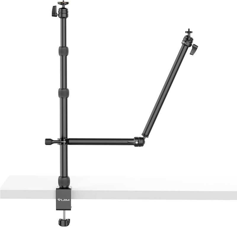 jusmo Camera Desk Mount with Auxiliary Holding Arm, Overhead Camera Mount with 360° Ballhead and Phone Grip, Table C-Clamp Multi Mount Stand for DSLR, Phone, Light, Webcam and More - Image 1