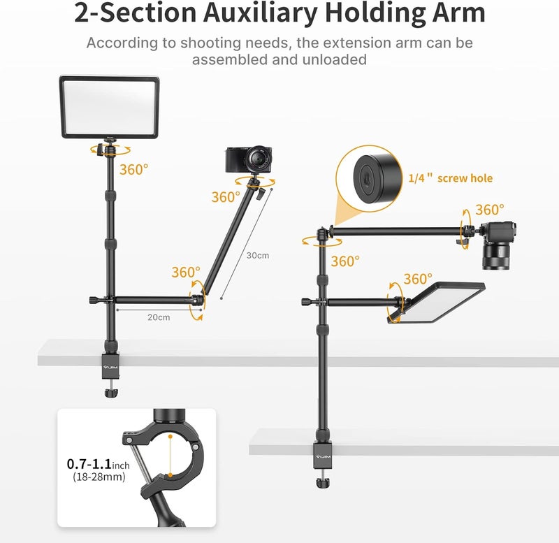 jusmo Camera Desk Mount with Auxiliary Holding Arm, Overhead Camera Mount with 360° Ballhead and Phone Grip, Table C-Clamp Multi Mount Stand for DSLR, Phone, Light, Webcam and More - Image 3