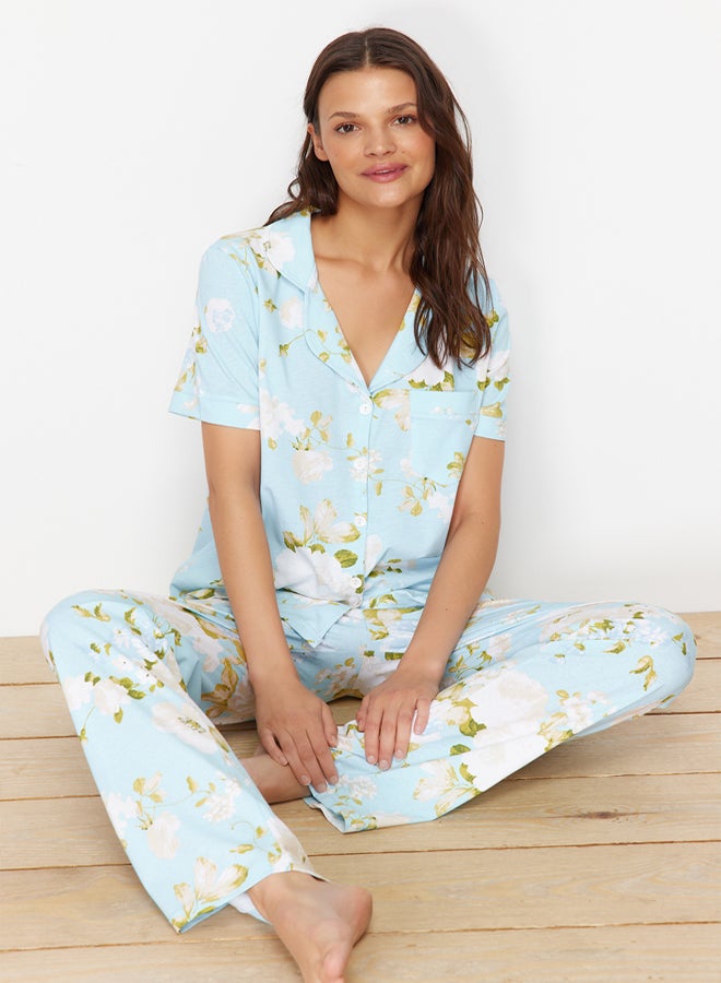 trendyol Blue 100% Cotton Floral Patterned Shirt-Pants Knitted Pajama Set THMSS20PT0062 - Image 1