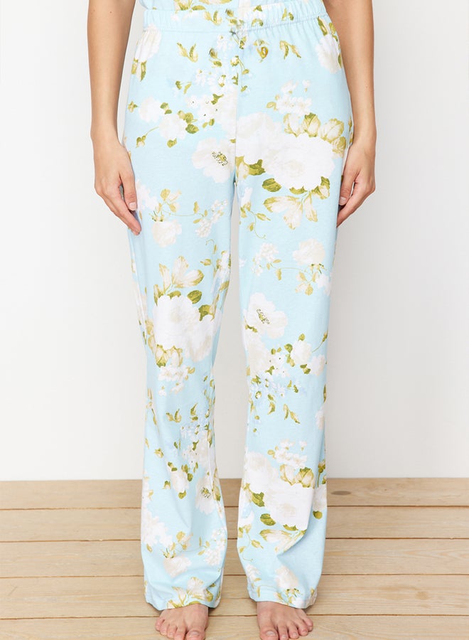 trendyol Blue 100% Cotton Floral Patterned Shirt-Pants Knitted Pajama Set THMSS20PT0062 - Image 5