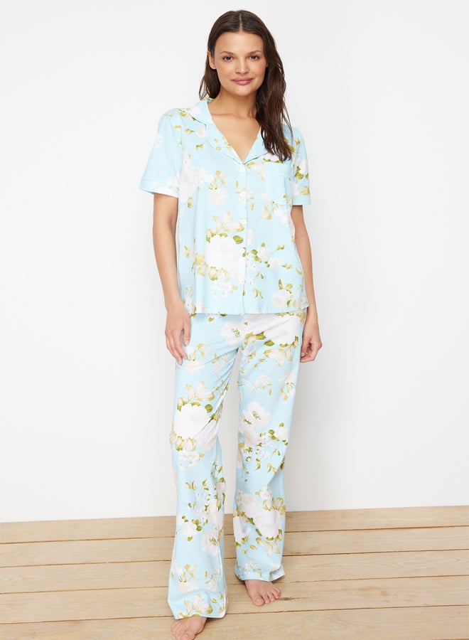 trendyol Blue 100% Cotton Floral Patterned Shirt-Pants Knitted Pajama Set THMSS20PT0062 - Image 3