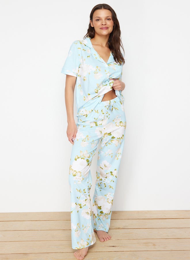 trendyol Blue 100% Cotton Floral Patterned Shirt-Pants Knitted Pajama Set THMSS20PT0062 - Image 2