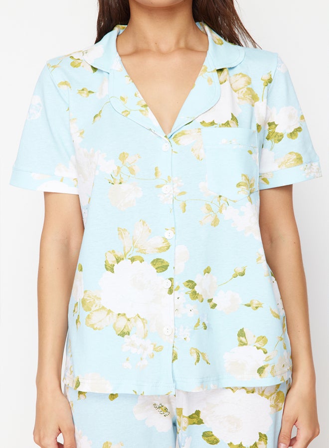 trendyol Blue 100% Cotton Floral Patterned Shirt-Pants Knitted Pajama Set THMSS20PT0062 - Image 4