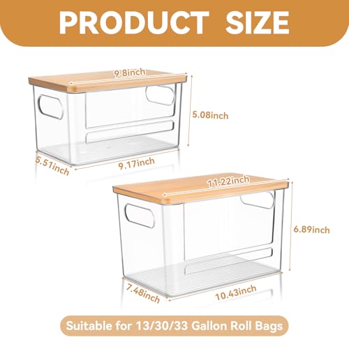 Hiitytin Trash Bag Holder Dispenser 2 Pack, Garbage Bag Dispenser with Bamboo Lid & Handles, Stackable Clear Trash Bag Organizer Under Sink for Kitchen, Pantry, Laundry Room, Cabinet (XL+S) - Image 3