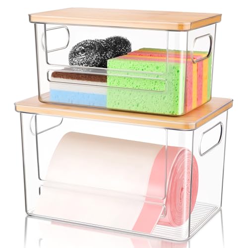 Hiitytin Trash Bag Holder Dispenser 2 Pack, Garbage Bag Dispenser with Bamboo Lid & Handles, Stackable Clear Trash Bag Organizer Under Sink for Kitchen, Pantry, Laundry Room, Cabinet (XL+S) - Image 1