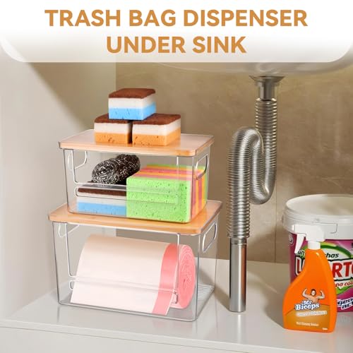 Hiitytin Trash Bag Holder Dispenser 2 Pack, Garbage Bag Dispenser with Bamboo Lid & Handles, Stackable Clear Trash Bag Organizer Under Sink for Kitchen, Pantry, Laundry Room, Cabinet (XL+S) - Image 2