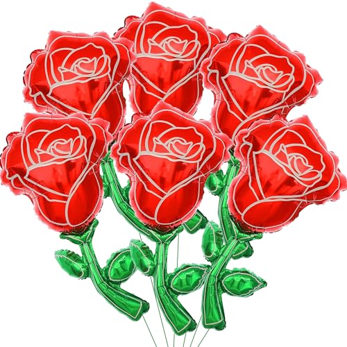 KHC-KHF Roseballoons flowerballoon 6pcs 37in Giant Rose Foil Balloons Red Flower Balloon Valentines Day Balloon for Birthday Wedding Valentines Day Flower Theme Party Decoration - Image 1