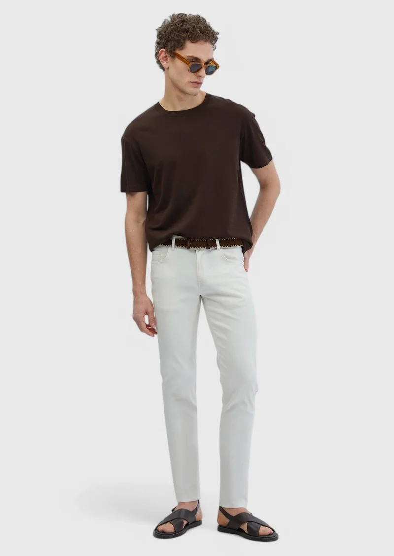 RAMSEY Ecru Weaving Slim Fit Casual Cotton Blended Trousers