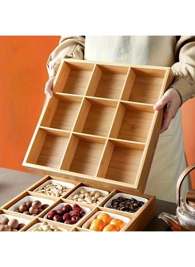 KITCHENOO 9-Compartment Bamboo Snack Tray - Perfect for Dried Fruits, Nuts, and Appetizers | Perfect Kitchen Organizer for Veggies, Pastries, and Desserts - Image 1