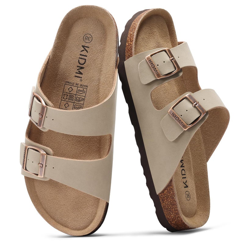 KIDMI Unisex Genuine Suede Summer Sandals Arch Support Cork Footbed Slide Sandals with Double Adjustable Buckle for Women Men, Stone 39 - Image 1