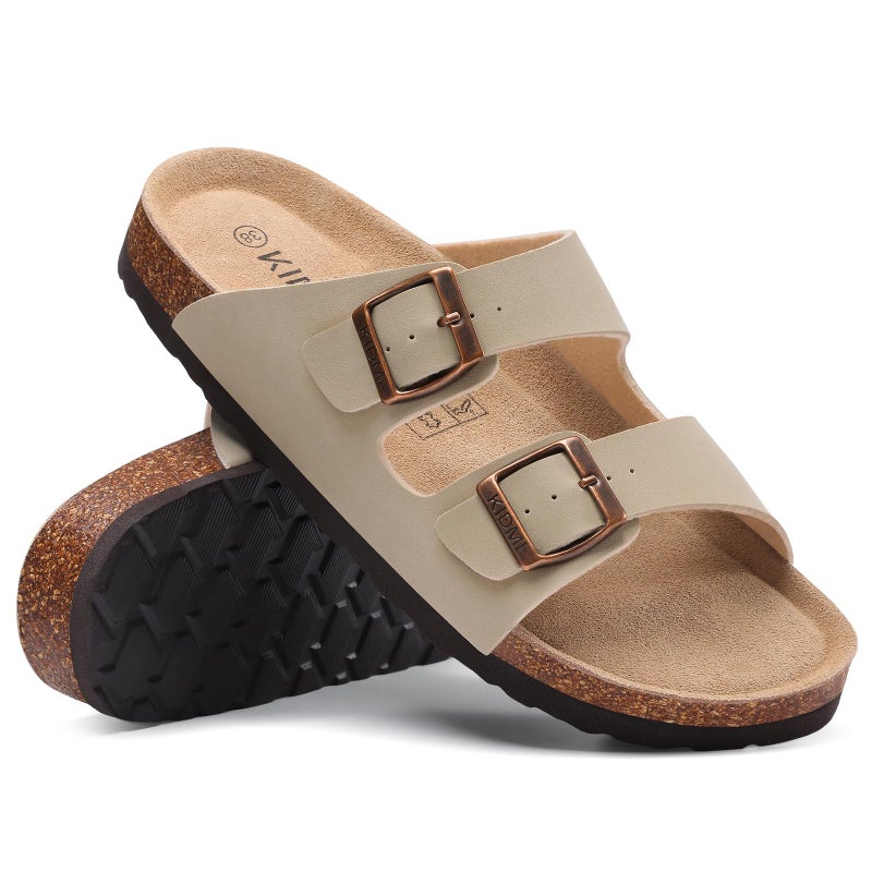 KIDMI Unisex Genuine Suede Summer Sandals Arch Support Cork Footbed Slide Sandals with Double Adjustable Buckle for Women Men, Stone 39 - Image 4