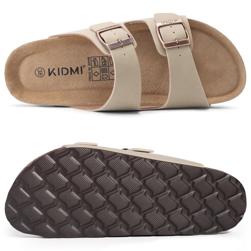 KIDMI Unisex Genuine Suede Summer Sandals Arch Support Cork Footbed Slide Sandals with Double Adjustable Buckle for Women Men, Stone 39 - Image 3