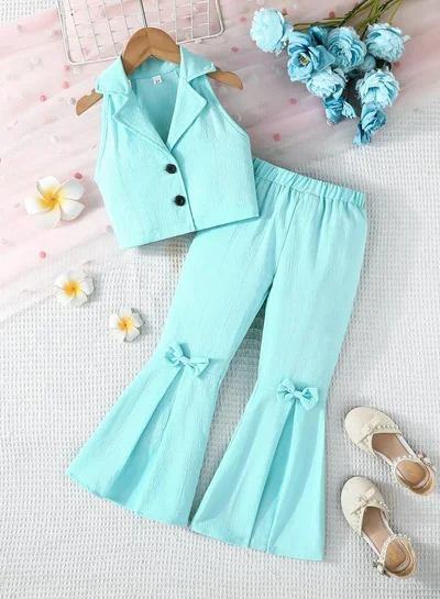 Take Two Take Two Turquoise Sleeveless Top and Bow Detail Flared Pants Set