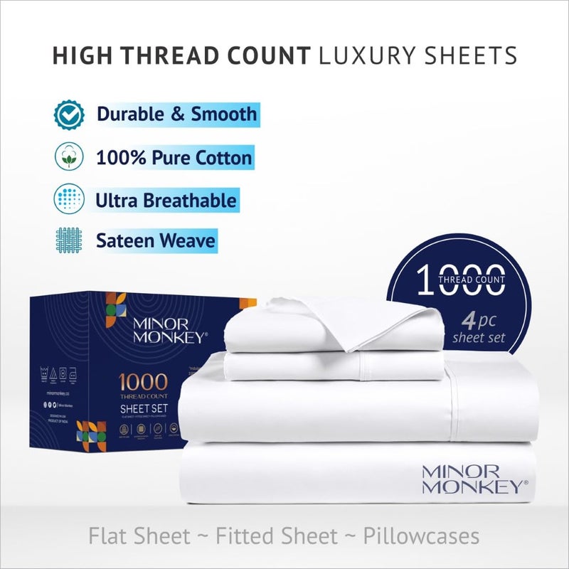 Minor Monkey 1000 Thread Count Egyptian Cotton Sheets King Size White 4 PC Bed Sheet Set Hotel Quality Cooling Bedding Sets Fits 16"" Elasticized Deep Pocket Sateen Weave Sheets - Image 3