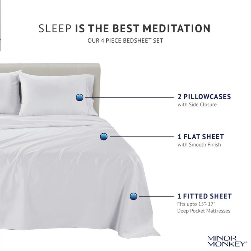 Minor Monkey 1000 Thread Count Egyptian Cotton Sheets King Size White 4 PC Bed Sheet Set Hotel Quality Cooling Bedding Sets Fits 16"" Elasticized Deep Pocket Sateen Weave Sheets - Image 4
