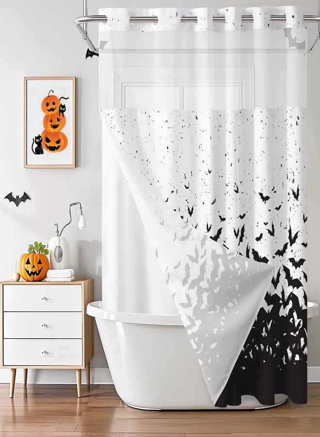 ميهوفوند ستارة حمام هالوين من MEHOFOND بدون خطافات مع بطانة قابلة للتركيب، ستارة حمام بتصميم خفاش بدون خطافات، ستارة حمام بتصميم خفاش أسود طائر، ديكور حمام مرعب للهالوين، ستارة من قماش البوليستر المقاوم للماء والقابل للغسل، مقاس 71 × 74 بوصة - Image 2