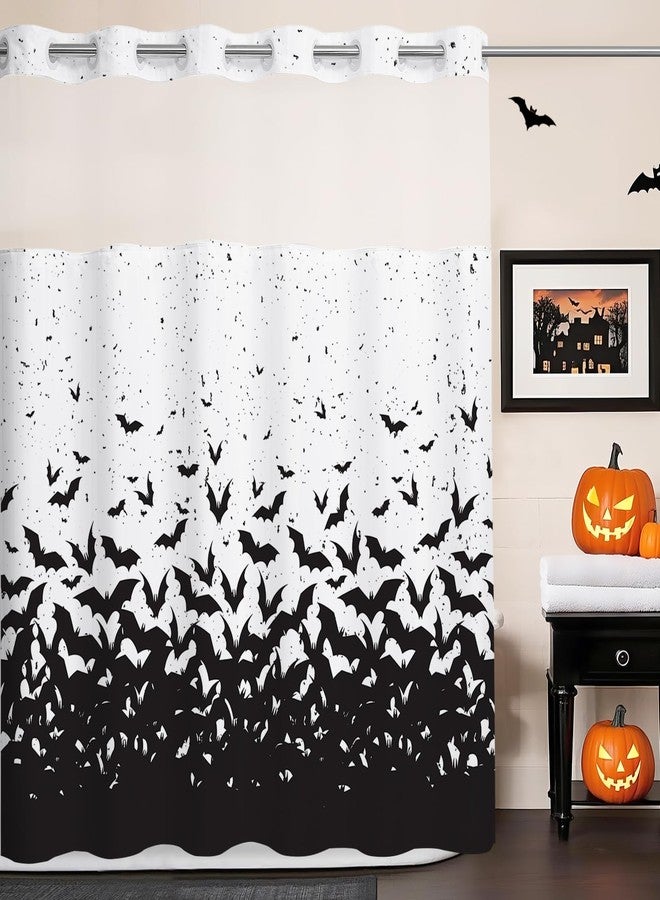 ميهوفوند ستارة حمام هالوين من MEHOFOND بدون خطافات مع بطانة قابلة للتركيب، ستارة حمام بتصميم خفاش بدون خطافات، ستارة حمام بتصميم خفاش أسود طائر، ديكور حمام مرعب للهالوين، ستارة من قماش البوليستر المقاوم للماء والقابل للغسل، مقاس 71 × 74 بوصة - Image 1