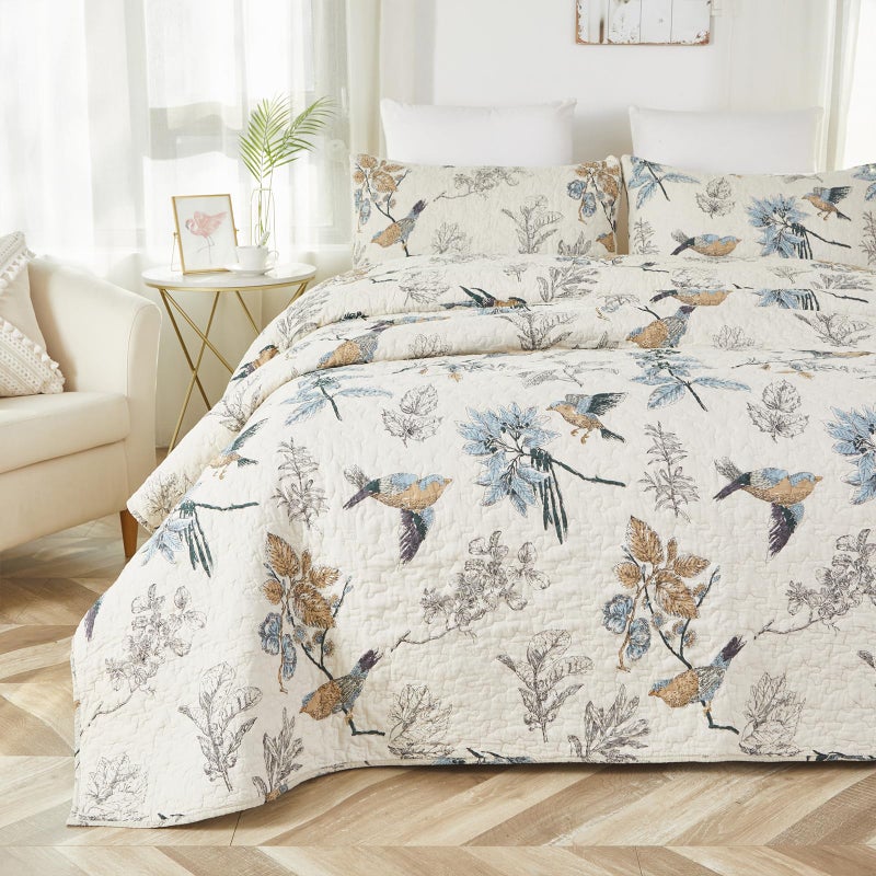 Brandream Brandream American Country Comforter Sets Birds Printing Queen Quilt Set Beige 3Pcs 
