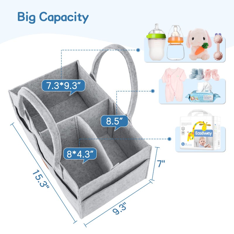 Maliton Diaper Caddy Organizer - Diaper Caddy for Baby Nursery Storage, Felt Diaper Organizer for Baby Stuff with Handle, 15" x 9" x 7" Portable Baby Basket Boy Girl Changing Table Organizer (Grey) - Image 2