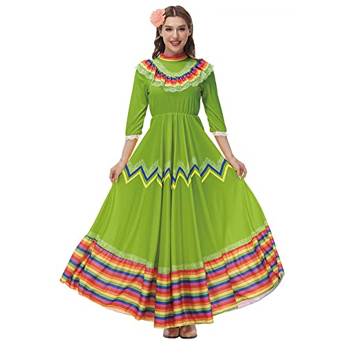 STIOEDYUAN Women Mexico Costume Dress for Big Girl Halloween Traditional Senorita Dance Folk Style Cinco De Mayo Fiesta Flower Headwear (Green, Small) - Image 3