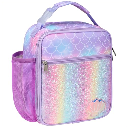 Bagseri Kids Lunch Box Insulated - Lunch Box Bag for Girls, Portable Reusable Toddler Lunch Cooler Bag for School, Water-resistant Lining (Purple, Glitter Mermaid Scale) - Image 1