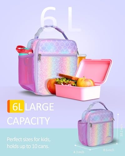Bagseri Kids Lunch Box Insulated - Lunch Box Bag for Girls, Portable Reusable Toddler Lunch Cooler Bag for School, Water-resistant Lining (Purple, Glitter Mermaid Scale) - Image 2