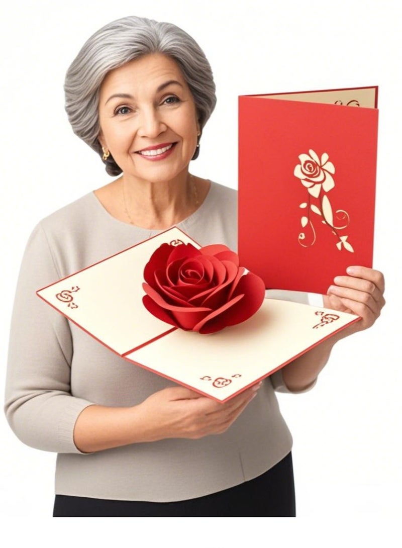 Generic 3D pop-up greeting card with envelope, red rose greeting card, birthday card, anniversary card, for mom, partner, friend.  - Image 1