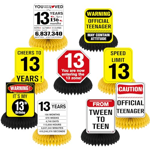 Woosytoo Funny 13th Birthday Decorations 9Pcs 13th Birthday Honeycomb Centerpieces for Teenagers 13 Year Old Party Decor Cheer to 13 Yellow Caution Logos Sign Table Topper Party Supplies - Image 1