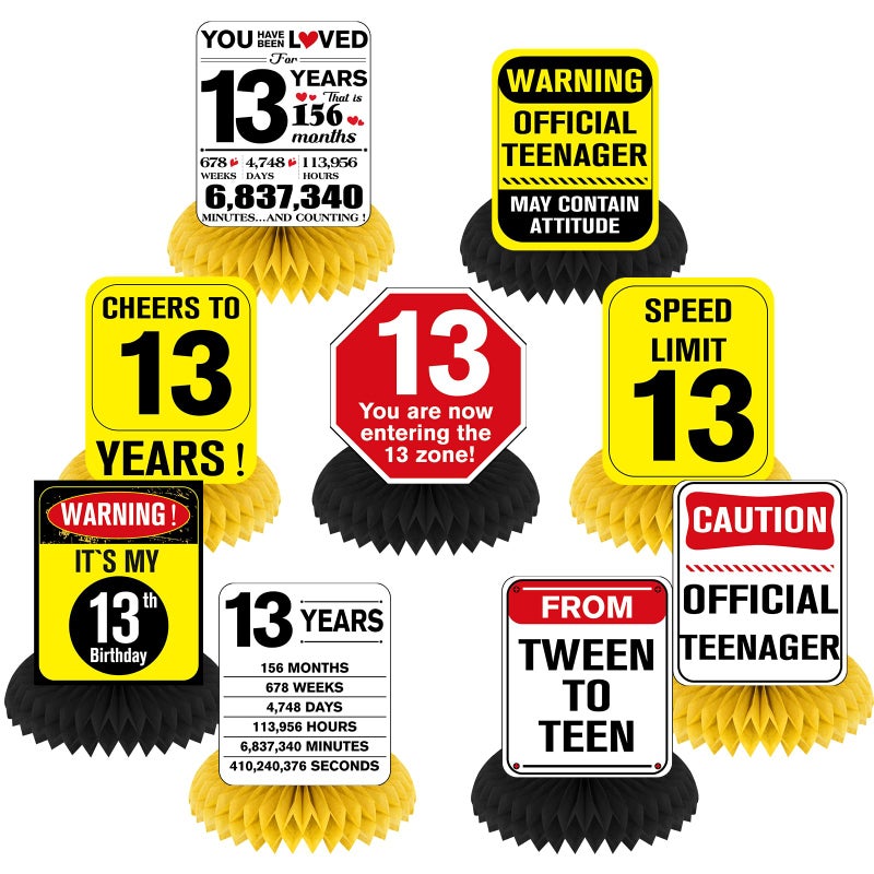 Woosytoo Funny 13th Birthday Decorations 9Pcs 13th Birthday Honeycomb Centerpieces for Teenagers 13 Year Old Party Decor Cheer to 13 Yellow Caution Logos Sign Table Topper Party Supplies - Image 3
