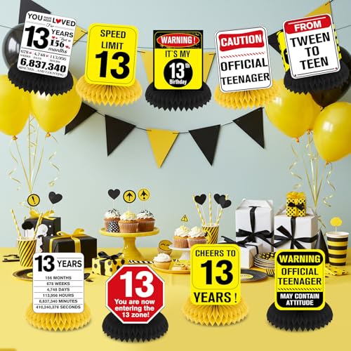 Woosytoo Funny 13th Birthday Decorations 9Pcs 13th Birthday Honeycomb Centerpieces for Teenagers 13 Year Old Party Decor Cheer to 13 Yellow Caution Logos Sign Table Topper Party Supplies - Image 5