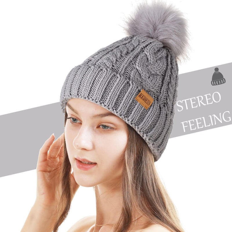 REDESS Women Winter Pompom Beanie Hat with Warm Fleece Lined, Thick Slouchy Snow Knit Skull Ski Cap - Image 1