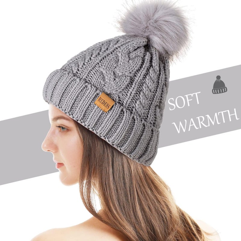 REDESS Women Winter Pompom Beanie Hat with Warm Fleece Lined, Thick Slouchy Snow Knit Skull Ski Cap - Image 2
