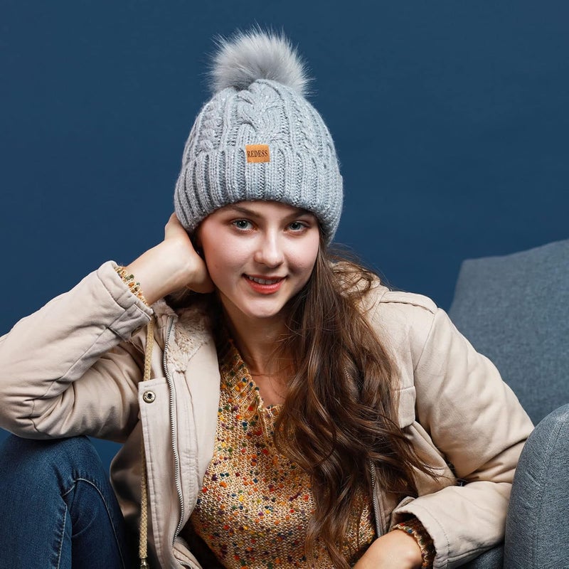 REDESS Women Winter Pompom Beanie Hat with Warm Fleece Lined, Thick Slouchy Snow Knit Skull Ski Cap - Image 4