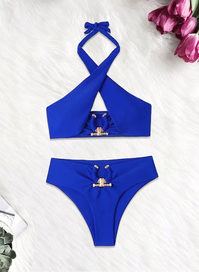 MARGOUN Women Small Size Swimsuit Cross Swimwear Bikinis Set Metal Connected Bathing Suit Bikini Strap Solid Split High Waist Bikini Swimwear Blue / S (Bust 72-80/Waist 60-66/Hip 78-86) - Image 1
