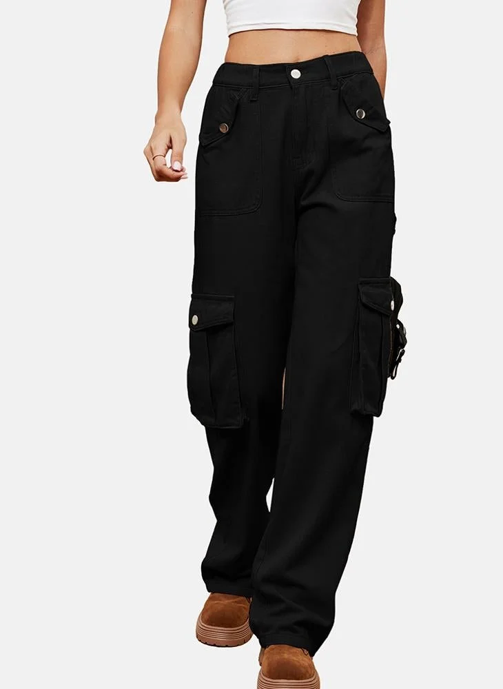 YUNIQEE Black Regular Fit Mid Rise Plain Cargo Pant