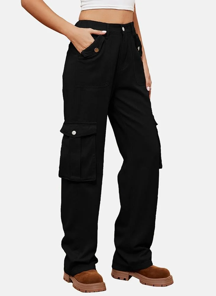 YUNIQEE Black Regular Fit Mid Rise Plain Cargo Pant